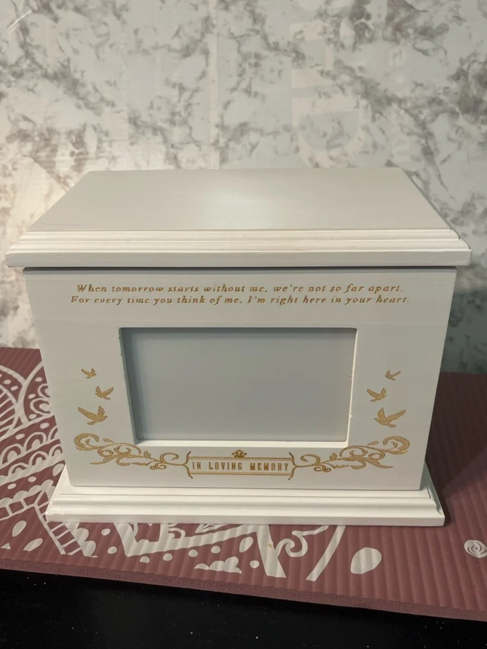 White Memorial Photo Urn Box with Gold Accents - In Loving Memory